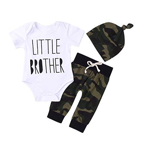 MEKILYN 3Pcs Baby Boys Little Brother Camouflage Romper Tops+Pants Leggings+ Hat Outfits Set