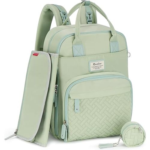 RUVALINO Diaper Bag Backpack, Multifunction Travel Pack Maternity Baby Changing Bags, Large Capacity, Waterproof, Light Green