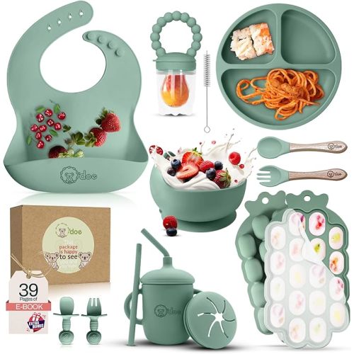 15 Pcs Silicone Baby Feeding Set with Suction Plate, Bowl, Bib, Sippy Cup, Fruit Feeder, Freezer Tray – Baby Plates and Bowls Set (Green, V5: Nurture Pack [15 Pieces])