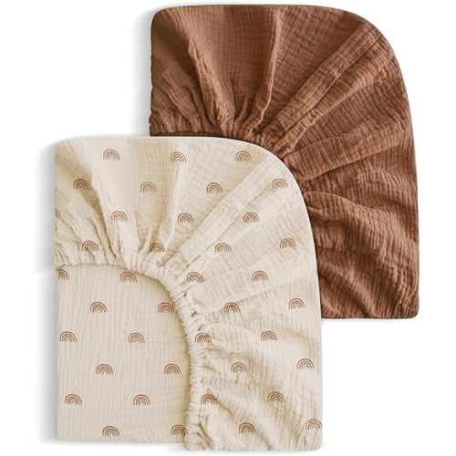 2 Pack Soft Muslin Baby Crib Sheets, 100% Cotton Breathable Double Layer Fitted Sheets for Standard Crib and Toddler Bed Mattresses 28x52 Inches, for Baby Girls and Boys (Brown & Rainbow