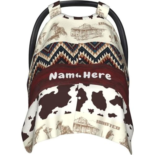 Personalized Western Style Baby Car Seat Canopy for Babies with Name, Customized Cowboy Stroller Car Seat Covers for Girls Boys, Minky Nursing Carseat Cover for Breastfeeding, Newborn, Infant