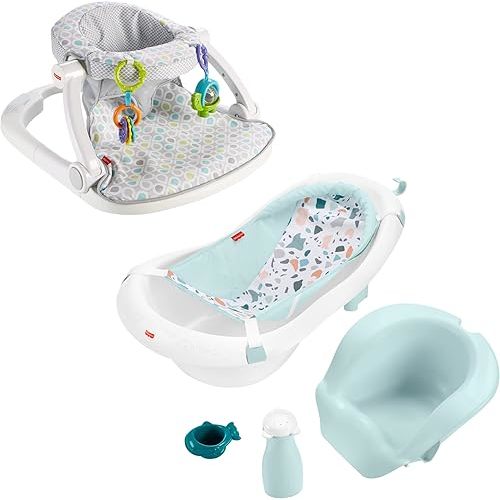 Fisher-Price Portable Baby Chair Sit-Me-Up Floor Seat, Honeydew Drop + Fisher-Price 4-in-1 Sling 'N Seat Bath Tub, Pacific Pebble, Baby to Toddler Convertible Tub with Seat and Toys