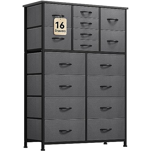 YITAHOME 16 Drawer Dresser, Tall Fabric Dresser, Large Chest of Drawers, Gray Storage Organizer Closet Living Room Entryway with Sturdy Metal Frame and Wooden Top