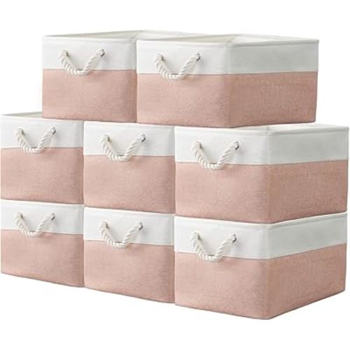8 pack Storage Basket Bins & Decorative Baskets Fabric Storage Cubes Containers Bulk W/Handles for Office, Home, Books, Clothes, Bedroom, Closet (white/pink)