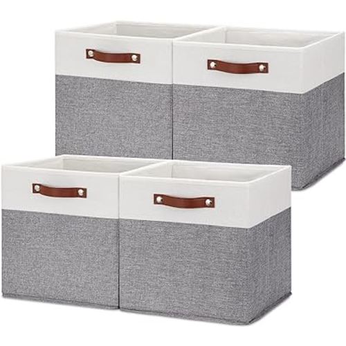 HNZIGE Foldable Storage Bins 13x13 Storage Cubes Set of 4 Fabric Linen Storage Baskets for Shelves Drawer with Handles Organizer for Shelves Toy Nursery Closet Bedroom