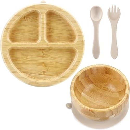 PandaEar Bamboo Suction Feeding Set for Babies | Natural Wood Suction Plate & Bowl with Silicone Spoon and Fork | Baby Led Weaning Set for Toddlers & Kids, BPA-Free