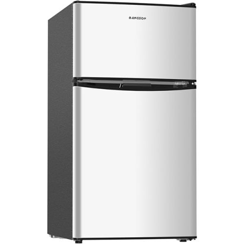 BANGSON Mini Fridge with Freezer, 3.2 Cu.Ft Small Refrigerator, 5 Settings Temperature Adjustable, Low Noise Refrigerator, 2 Door Mini Fridge for Apartment, Home, Office and Dorm, Silver