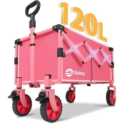 Wagon with Brakes, Foldable Cart with 220LBS Capacity, Utility Lightweight Wagon, Collapsible Grocery Shopping Cart for Camping Sports & Holiday.Pink