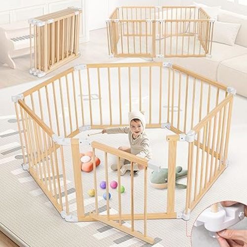 6 Panels Wooden Playpen for Babies and Toddlers, Large Size Foldable Baby Playpen,Adjustable Size and Shape Portable Play Yard, Easy to Assemble(56x28x24 Inch)