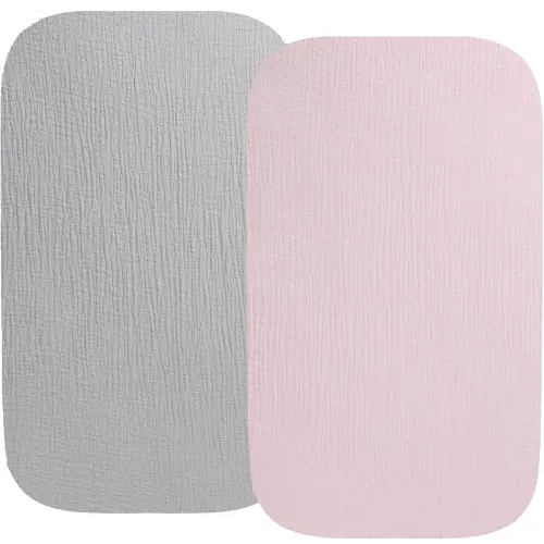 Muslin Bassinet Sheet Compatible with Baby Delight Beside Me Dreamer Bassinet, 2 Pack Cotton Stylish Boho Fitted Bassinet Sheets Super Soft for Baby Grey & Pink