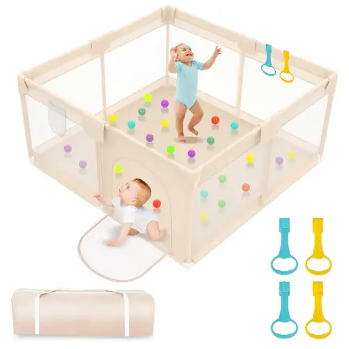 Playpen for Babies and Toddlers 50x50 inch - Baby Gate Playyard with Soft Breathable Mesh Cover - Indoor and Outdoor Baby Play Pen - Portable Playpen for Babies (Apricot)