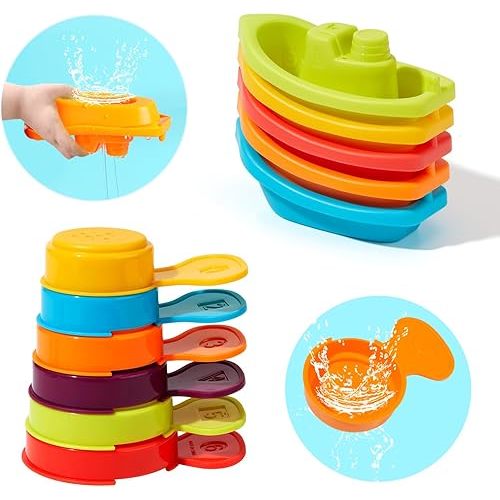 Baby Bath Toys for Kids Ages 1-3, 11 PCS Mold Free Toddler Bath Toys for 2-4 Bathtub, Water Table, Pool Toys Stackable Boats and Spoons for Babies 6-12 Months Early Learning Educational Gift