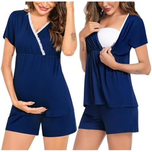 SWOMOG Maternity Nursing Pajamas Set 2 PCS Breastfeeding Sleepwear Short Sleeve Top & Shorts Pregnancy Pjs Postpartum Set
