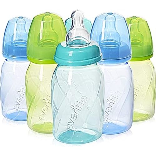 Evenflo Feeding Premium Proflo Vented Plus Polypropylene Baby, Newborn and Infant Bottles - Helps Reduce Colic - Teal/Green/Blue, 4 Ounce (Pack of 6)