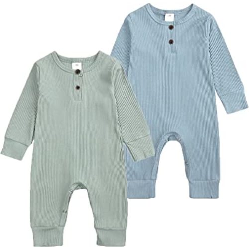 BeiVSlley Newborn Baby Boy Girl 2 Pack Button Solid Romper Infant Long sleeve Knit Cotton Footless Outfits Clothes