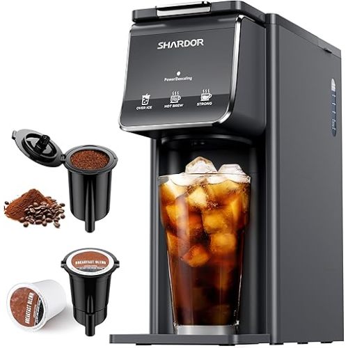 SHARDOR Hot & Iced Coffee Maker, K Cup Coffee Maker Compatible with Ground Coffee, Single Serve Coffee Machine with Bold Setting, Reusable Filter, Travel Mug Friendly, Compact Design, Grey