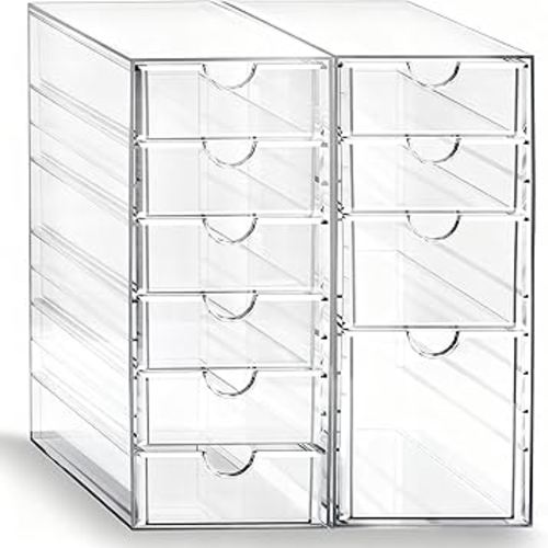 Prsildan Acrylic Drawer Makeup Organizer with 10 Drawers, Set of 2 Office Desk Organizers Accessories, Clear Stackable Storage Drawers for Vanity, Countertop, Craft, Jewelry, Art Supply Organization