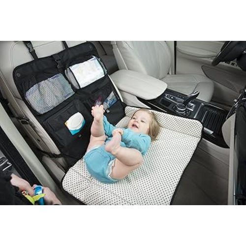 Baby Portable Diaper Changing Station for Your Car | Waterproof, Detachable, Toy Loops, 4 Pockets, Wet Wipes Holder, Tummy Time Mat, Kick Mat, Tablet Holder | LUMI - Black with Ministars