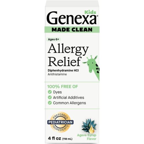 Genexa Kids Allergy Medicine | Clean Allergy Relief for Children | Treats Runny Nose, Sneezing & Itching | Vegan & Non-GMO | 12.5mg Diphenhydramine HCl 4 fl oz | Organic Agave Syrup Flavor | Ages 6+