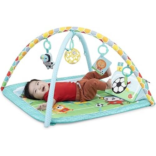 Bright Starts Grip & Kick Oball Activity Gym, Soccer Theme with Easy-Grasp Baby Toys, Baby Play Gym, Kick Pad with Activated Lights & Tummy Time Pillow, Unisex, Newborn+