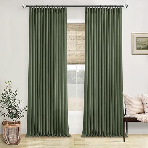 Olive Green Linen Pinch Pleated Curtains 84 Inches Long 2 Panels for Living Room Bedroom Linen Pleated Hooks Rings Back Tab Light Filtering Loden Moss Green Farmhouse Drapes 84 Inch Length