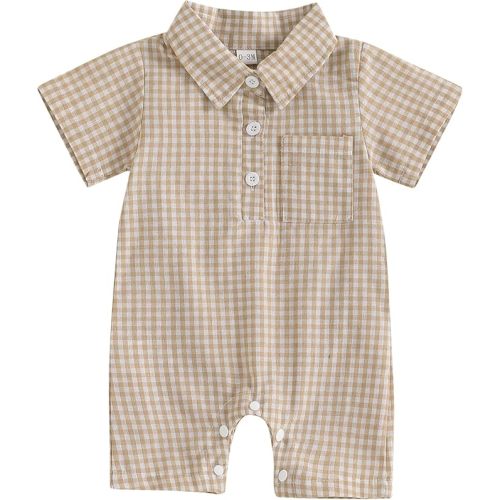 Karuedoo Newborn Baby Boy Clothes Gingham Short Sleeve Collared Romper Jumpsuit Plaid Button Down Bodysuit Summer Outfit