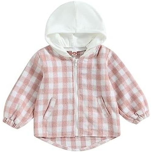 Douhoow Toddler Baby Plaid Jacket Baby Boy GIrl Flannel Hoodies Zip Up Hooded Fall Winter Outerwear Coat