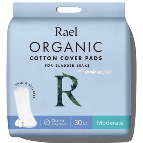 Rael Incontinence Pads for Women, Organic Cotton Cover - Postpartum Essential, Heavy Absorbency, Bladder Leak Control, 4 Layer Core with Leak Guard Technology, Long Length (Moderate, 30 Count)