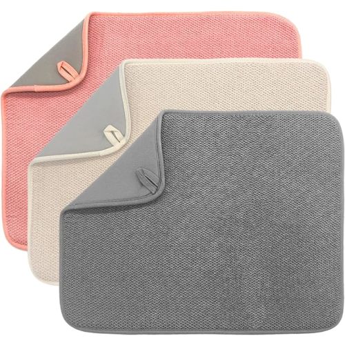 Microfiber Dish Drying Mat, Size 20''X 15''(Beige/Grey/Pink)