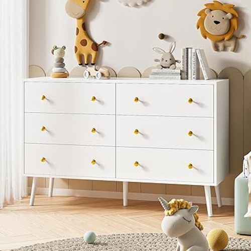LYNSOM Dresser for Bedroom, 6 Drawer Modern White Dresser with Wide Drawer and Metal Handles, Modern Dressers & Chests of Drawers for Hallway Entryway