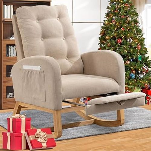 Nursery Rocking Chair with Retractable Footrest & High Back Ergonomic Gliding Rocker Chair with Side Pockets Modern Accent Single Sofa Nursing Chair for Living Room Leisure Bedroom,Beige