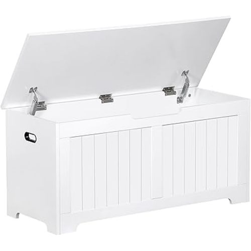 Wooden Storage Chest Box with Flip-top Lid & Safety Hinge, 39.4 Inch Living Room Organizer, Bedroom Bench, White
