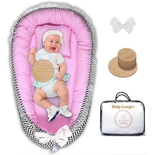 Luxury Baby Lounger for Newborn with Milestone Cards – Soft & Breathable Infant Nest for 0–24 Months – Portable Baby Bassinet Bed & Co-Sleeping Pillow – Ideal Newborn Gift for Boys & Girls