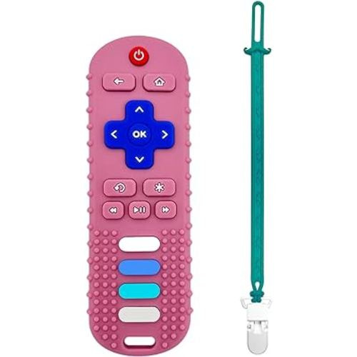 Baby Teething Toys, Food Grade Silicone Teethers for Babies 3 6 12 18 Months, Fake TV Remote Shape with Silicone Pacifier Clip Infant Chew Toys for Boys and Girls, Freezer BPA Free