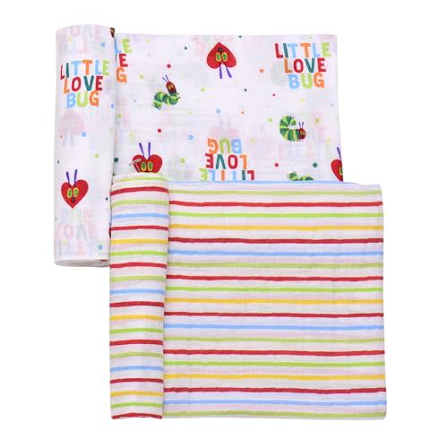 2 Pack Cotton Muslin Swaddle Blankets for Baby, 40" x 36", Lightweight, Breathable (The Very Hungry Caterpillar, Little Love Bug) Multicolored