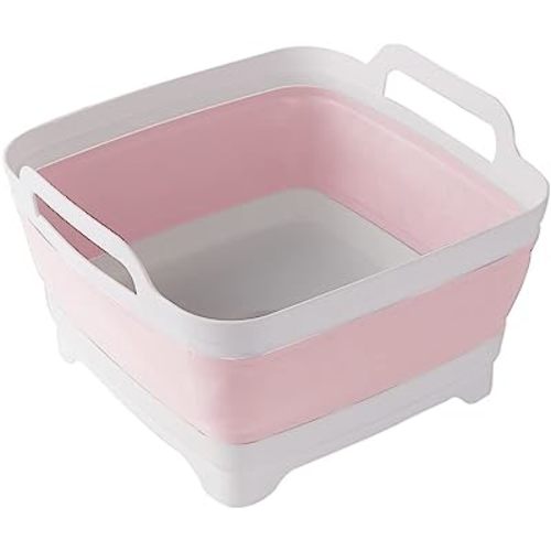 Dish Basin Collapsible with Drain Plug Carry Handles for 9L Large Capacity, Washing Basin, Collapsible Dish Tub for RV Sink, Vegetable, Fruit, Food Sink Strainer Dish Washing Tub - Pink