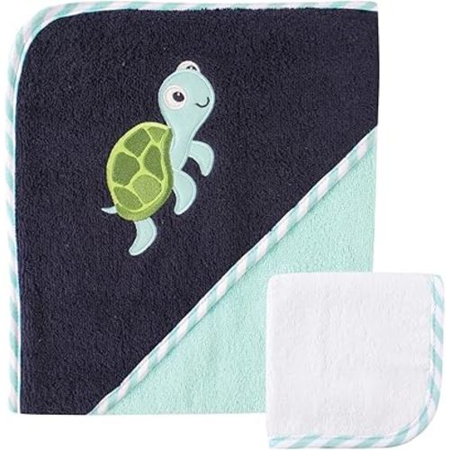 Luvable Friends Unisex Baby Cotton Hooded Towel and Washcloth, Turtle, One Size
