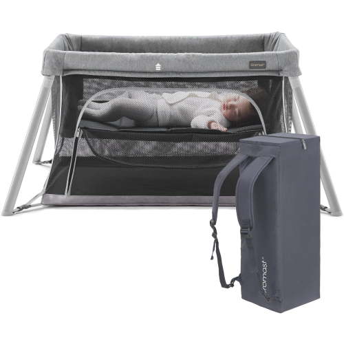 Gromast Travel Crib for Toddler, 2 in 1 Portable Crib for Baby Travel, Lightweight Playpen Foldable Playard with Soft Mattress, Easy to Carry Baby Travel Bed for Outdoor,Indoor (Grey)