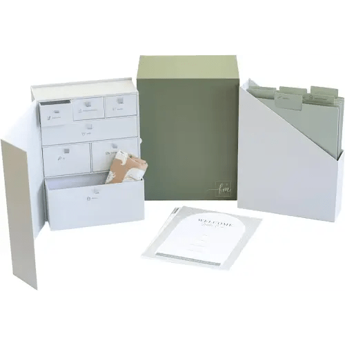 Baby Keepsake Box w/Baby Keepsake Book Pages - Gender Neutral Color Baby Memory Box for Keepsakes w/ 7 Individual Boxes & 6 Dividers - Easy to Fill Keepsake Baby Memory Book