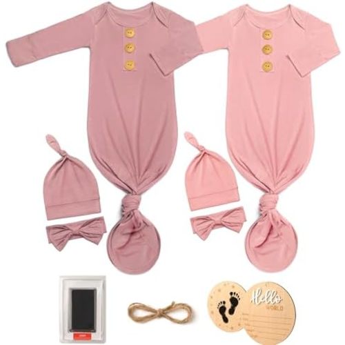 2Pk Newborn Baby Knotted Gowns, Soft Sleeper Coming Home Outfit with Hello World Announcement Sign & Ink Pad for Baby Birth
