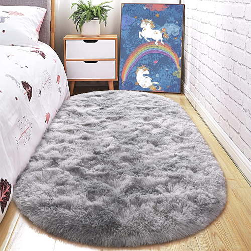 Junovo Fluffy Oval Rug Soft Tie Dye Area Rugs Shaggy Colorful Carpet Plush Bedside Carpet for Teen Dorm Baby Nursery,2.6 x 5.3ft,Gray