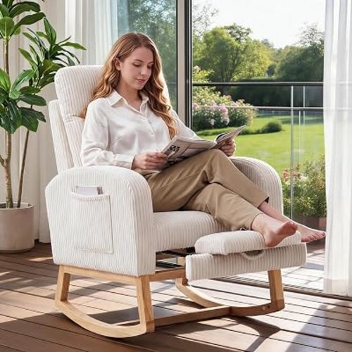 Nursery Rocking Chair, 300lbs Glider Chair with Solid Wood Legs