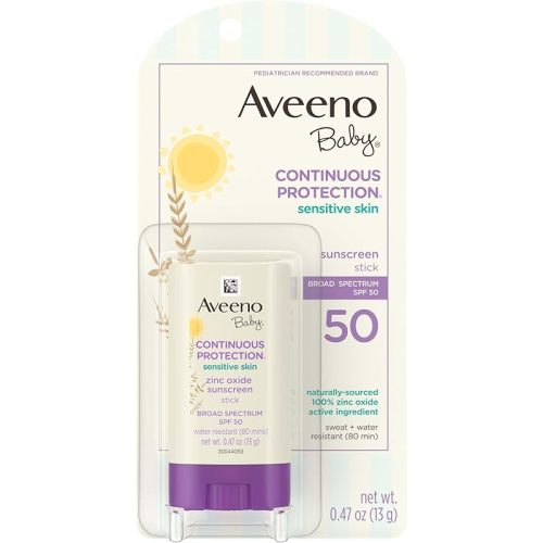 Aveeno Baby Continuous Protection Mineral Sunscreen Stick for Sensitive Skin with Broad Spectrum SPF 50 Protection for Face & Body, Naturally Sourced 100% Zinc Oxide, Travel Size, 0.47 oz