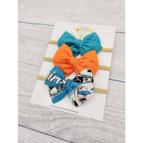 Miami Dolphins set of 3 fabric hair bows - teal orange hair bows - football bow - baby shower gift - toddler child girl - baby headbands