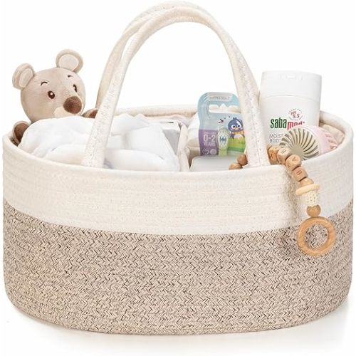 Diaper Caddy Organizer, Empty Gift Basket for Newborn Essentials, Baby Storage Basket, Stylish Gift Bag for Baby Shower, Boys and Girls – Small, White and Beige Brown