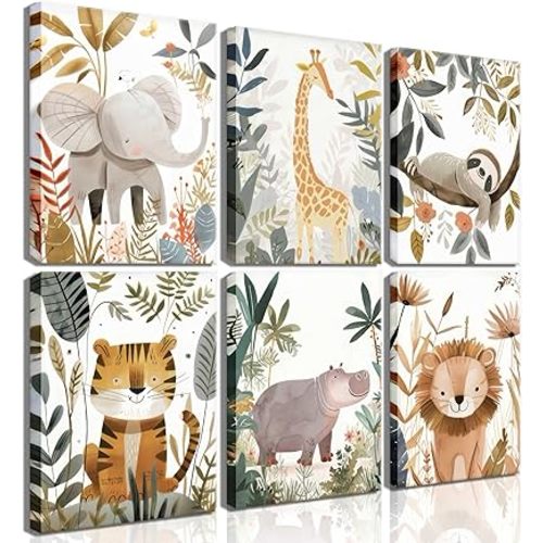 6Pcs Boho Baby Animals Wall Art Jungle Safari Canvas Paintings Cute Giraffe Elephant Lion Wall Decor Prints Inspirational Forest Animals Posters Pictures for Nursery kids Boys Bedroom Framed