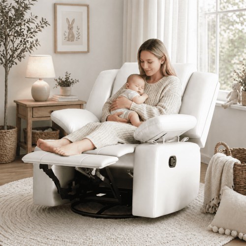 LAZZO Recliner Chair with Adjustable Armrest and Headrest, Upholstered Swivel Rocking Chair for Nursery & Living Room, Beige