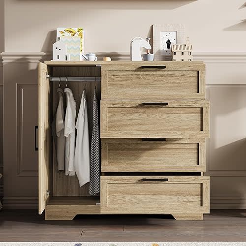 IDEALHOUSE 43.3'' H Armoire Wardrobe Closet with 4 Drawers and Hanging Rod, Multifunctional Wood 4 Drawers Dresser with Storage Closet, Clothing Storage Cabinets for Bedroom, Natural Oak