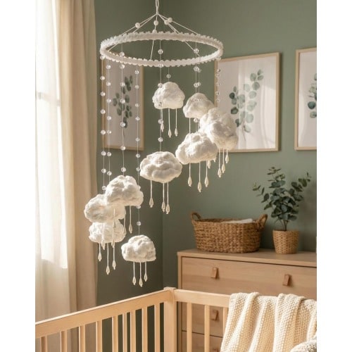 White Сloud Rain Baby Mobile with Crystal Drop Beads: Neutral Scandinavian Nursery Crib Decor
