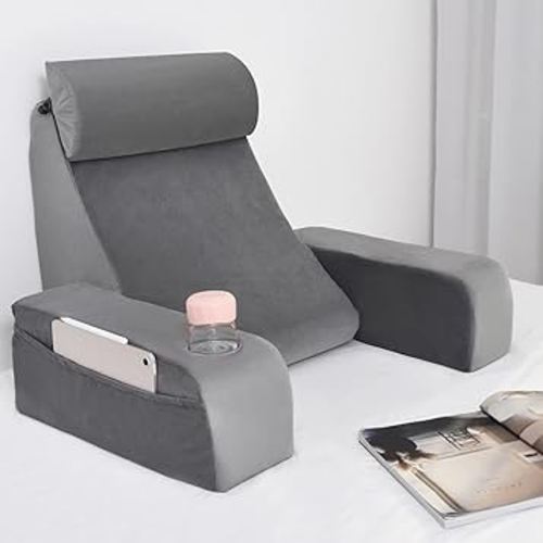 ENITYA 19" Back Support Pillow with Cup Space - Reading Pillow with Built-in Arms & Large Pockets, Removable Washable Cover, Wedge for Sitting/Reclining/TV/Bed/Couch/Floor, Medium Firm, Grey